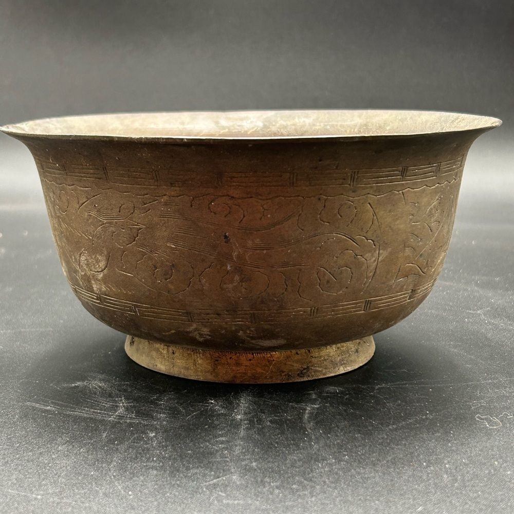 Antique bronze carved footed bowl, chinoiserie, Asian decor, signed